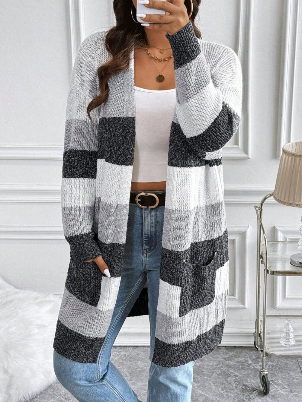 Multicolor Casual Women's Colorblock Loose Midi Knitted Cardigan